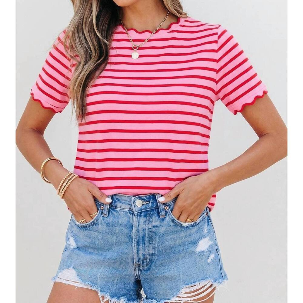 NEW AAPPARELLA women's stripe scallop shirt in pink
